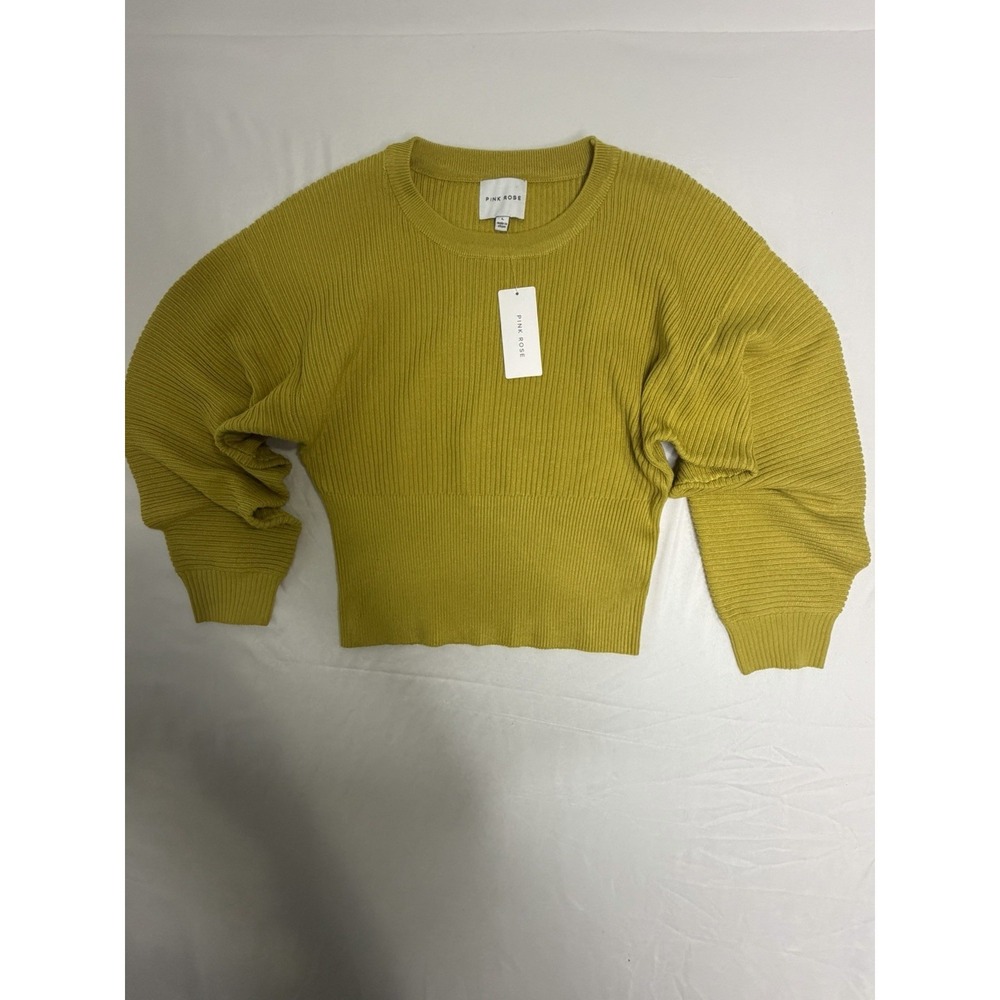 Pink Rose Womens Ribbed Knit Sweater Crop Puff Sleeve Yellow Size L NWT
